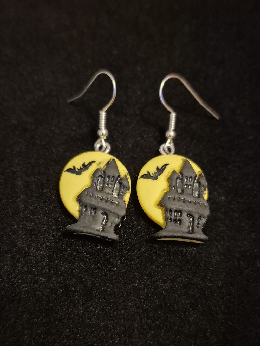 Handcrafted Haunted House Bat Drop Earrings in Yellow and Black